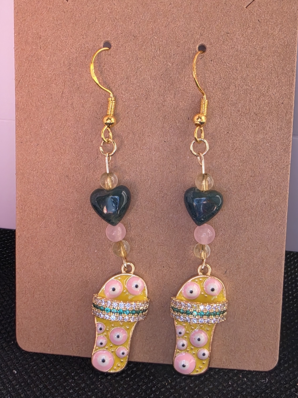 Handcrafted Yellow & Pink Beaded Heart Drop Earrings